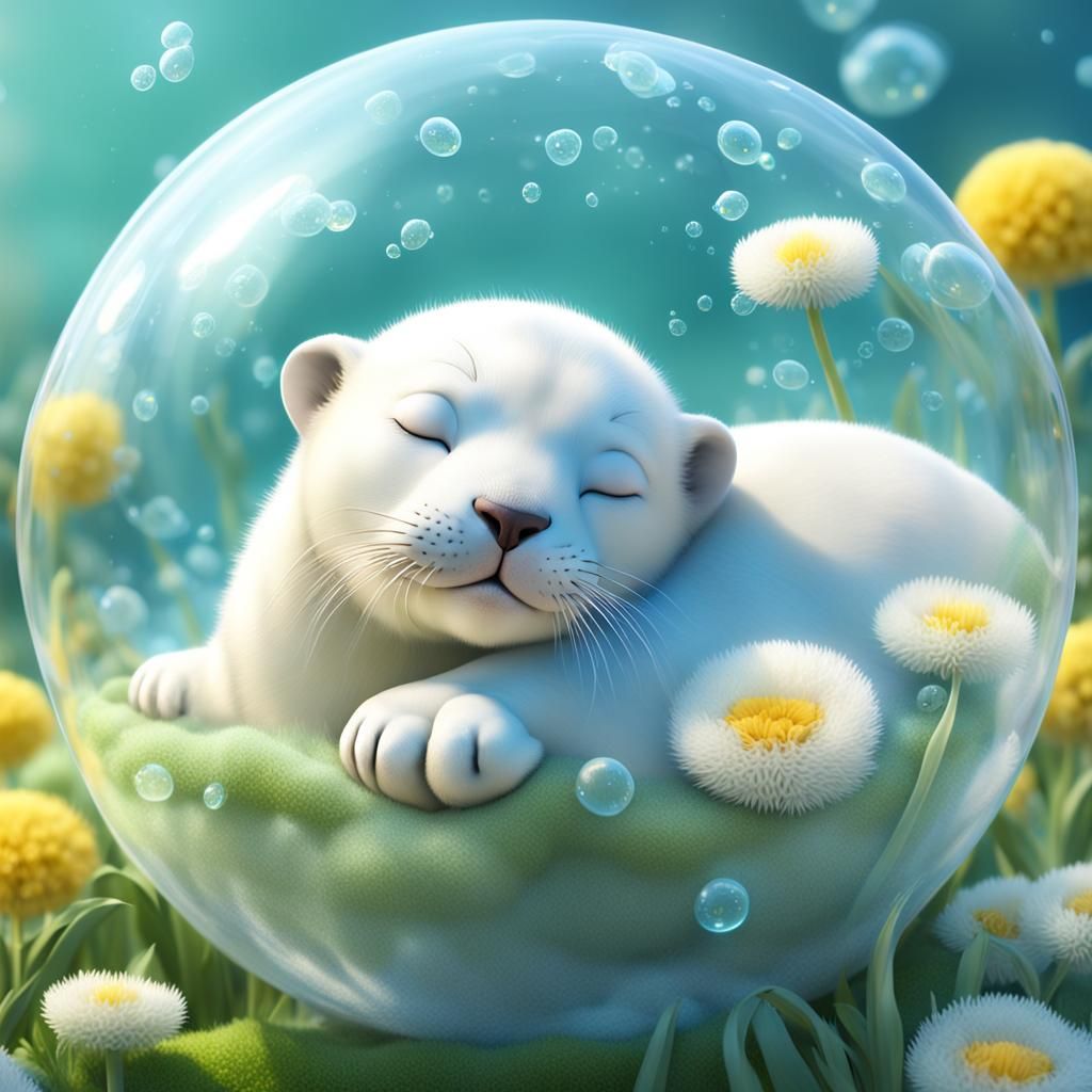 Sea Lion Pup Sleeping in Bubble: 3D Digital Art