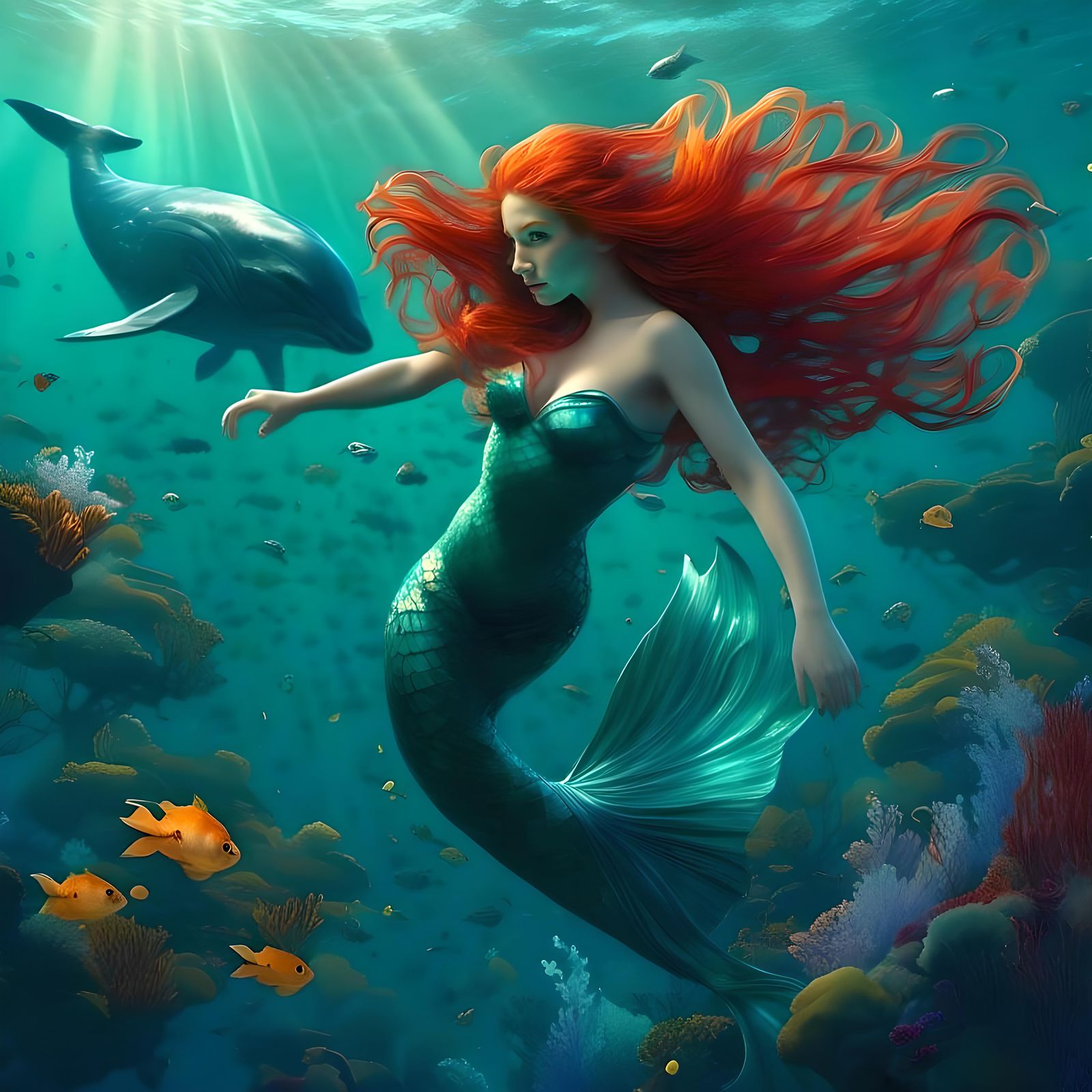<lora:Underwater:1.0> A epic,  stunning long haired, red hea...