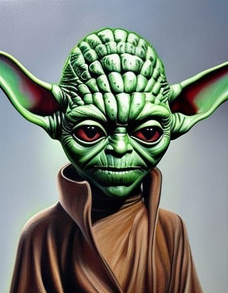 Cyber Yoda Posing: Masterful Painting in Giger Style