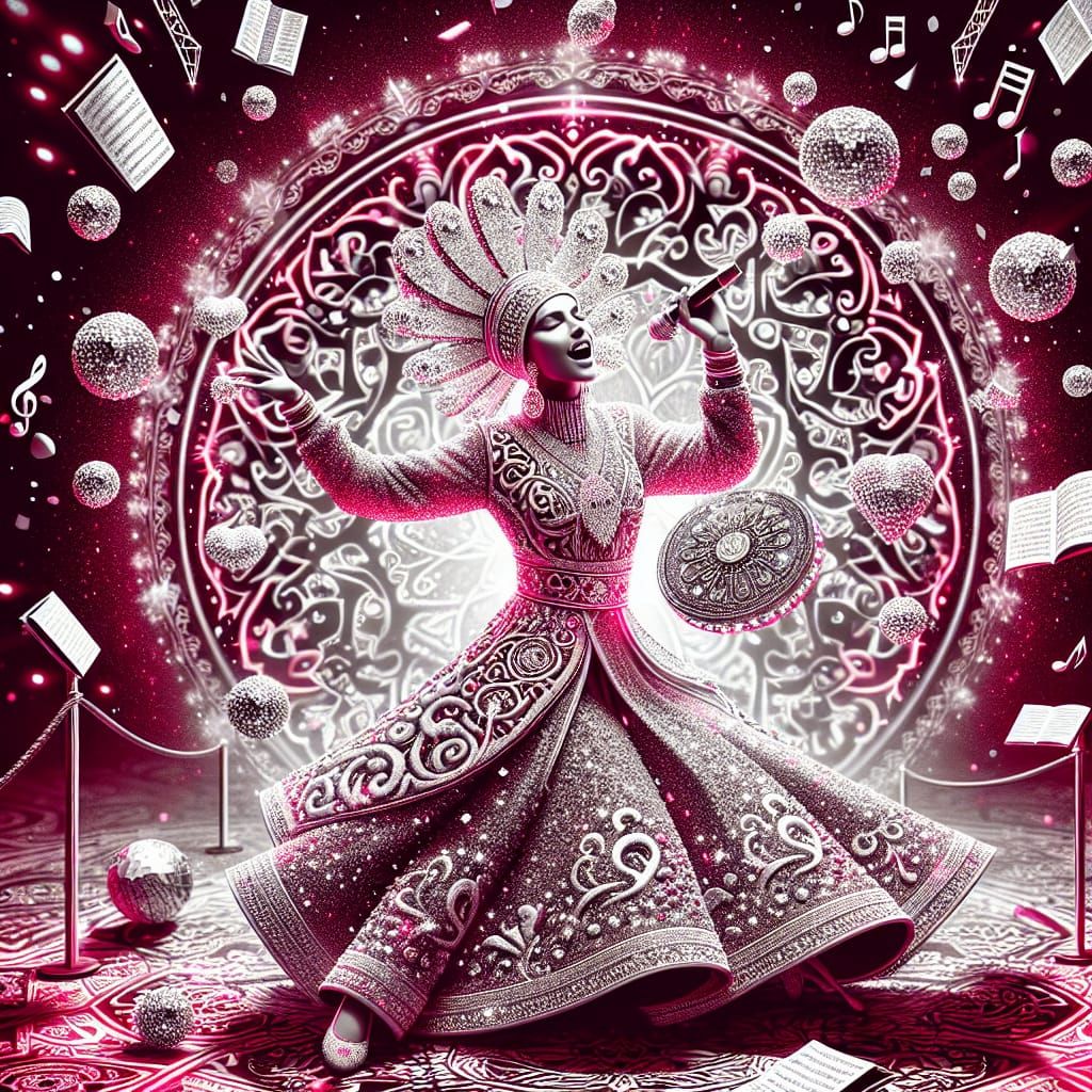 Pink and Red Jester Singing on Stage