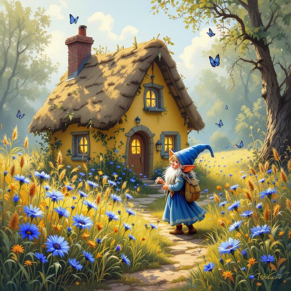 Blue Elf's Cottage with Cornflowers in Fantasy Art Style