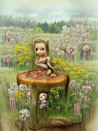 By Artist Mark Ryden  . a girl sitting on a tree stump in a ...