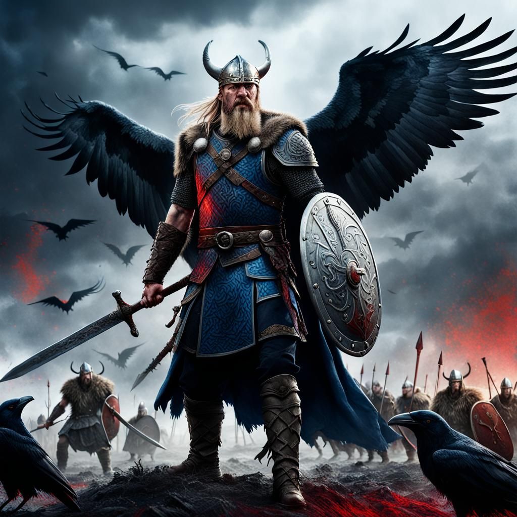 Viking Warrior in Mid-Combat with Odin's Ravens
