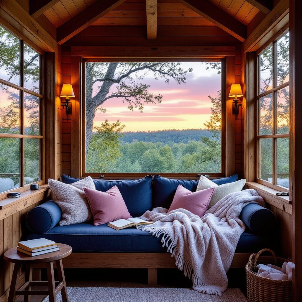 Cozy Treehouse Reading Nook at Sunset