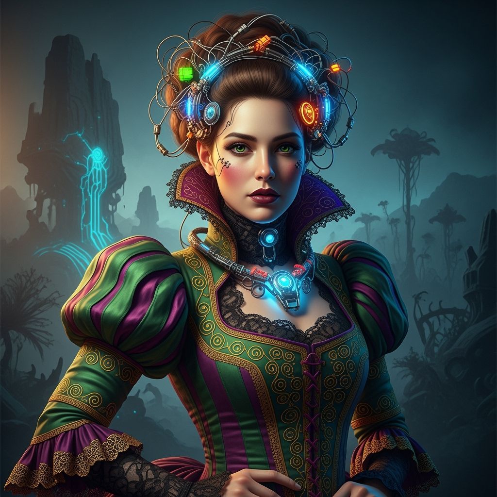 Victorian Woman with Futuristic Jewelry in Hyperrealistic St...