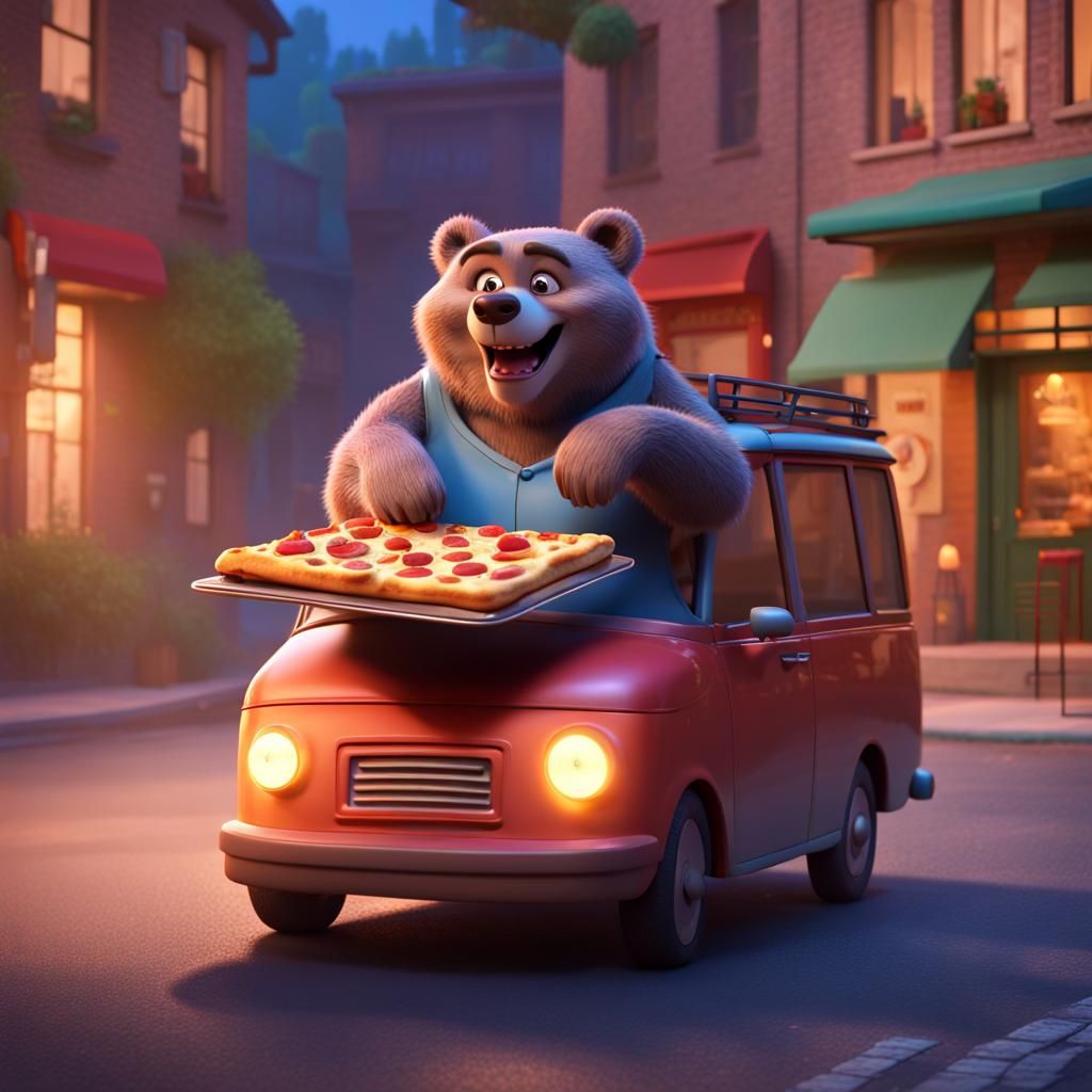 Baloo Bear Delivering Pizza, 3D Digital Art