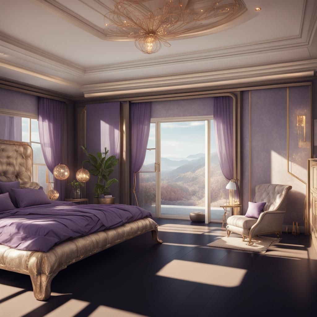 Luxurious bedroom with beautiful view and purple bed huge windows was Rose gold curtains& luxurious vibes& realistic vib...