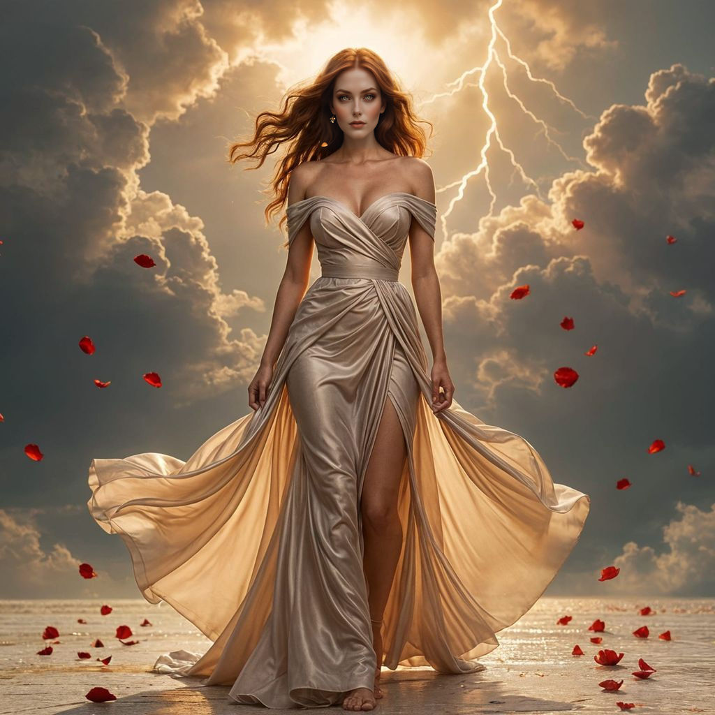 Striking Woman in Luminous Gown Under Stormy Sky