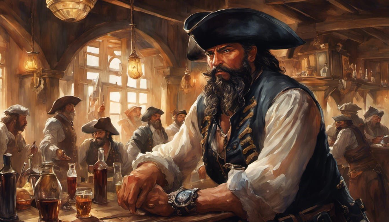 Blackbeard in Tavern: Watercolor Portrait