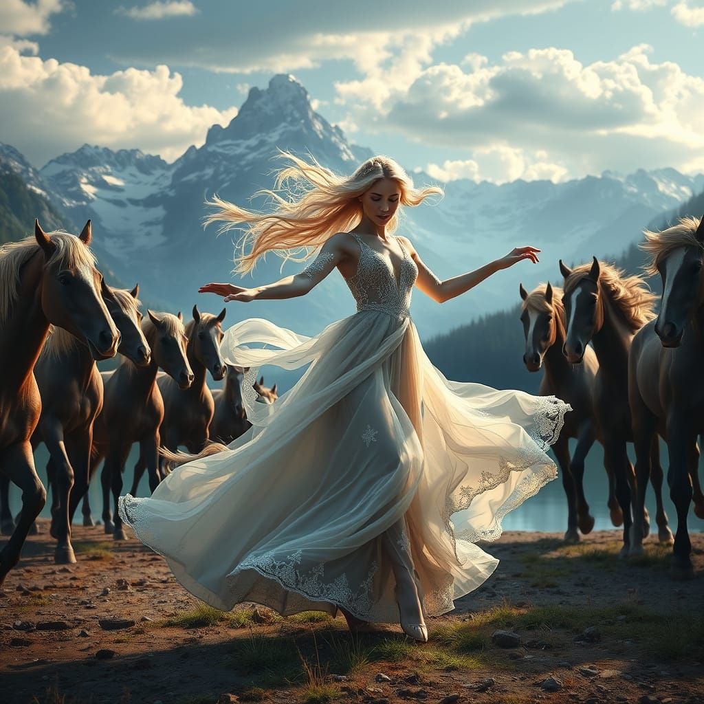 Ethereal Dancer Among Majestic Horses in a Serene Mountain L...