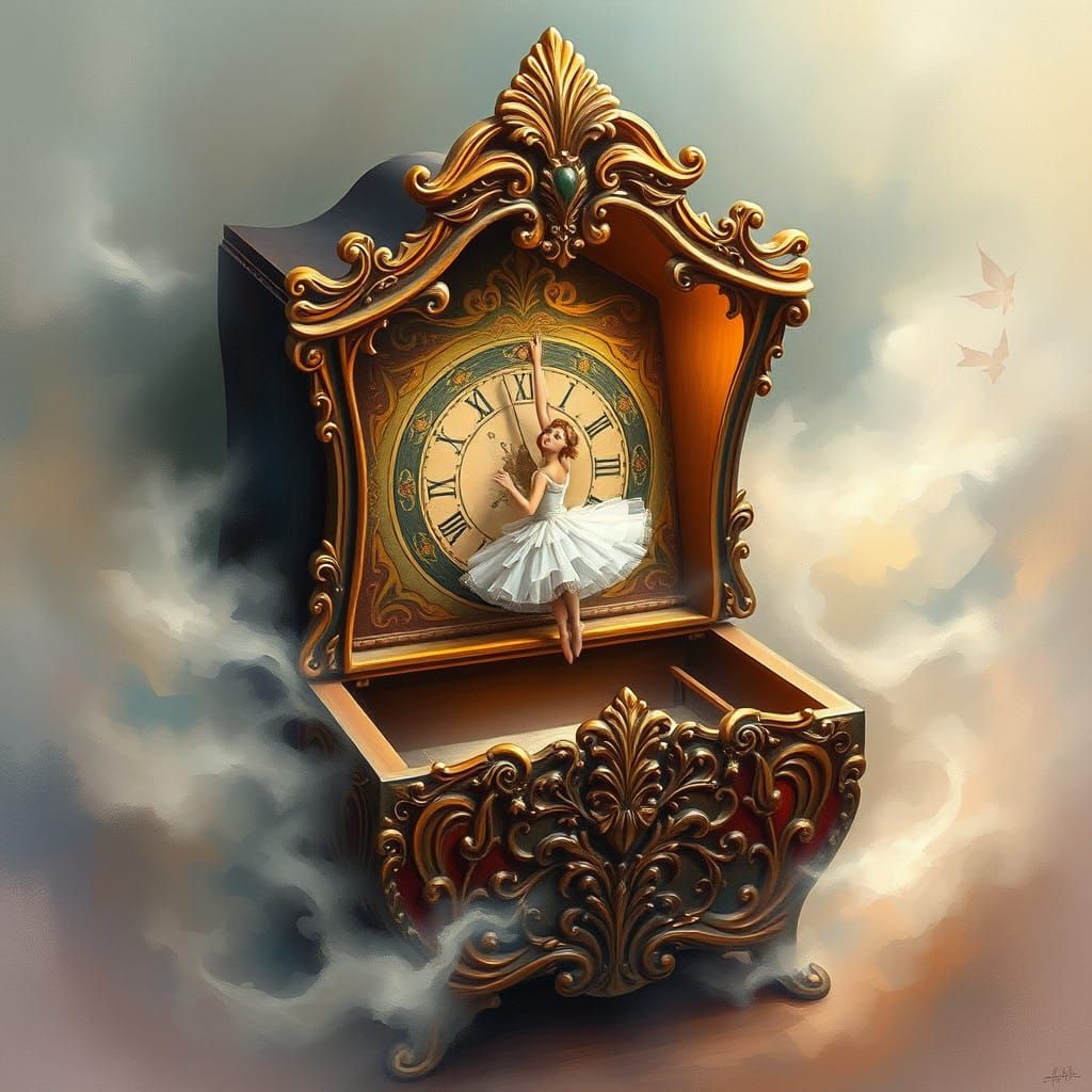 Whimsical Music Box Scene in Dreamlike Realism