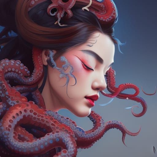 Geisha vs Octopus: Detailed Digital Art Portrait