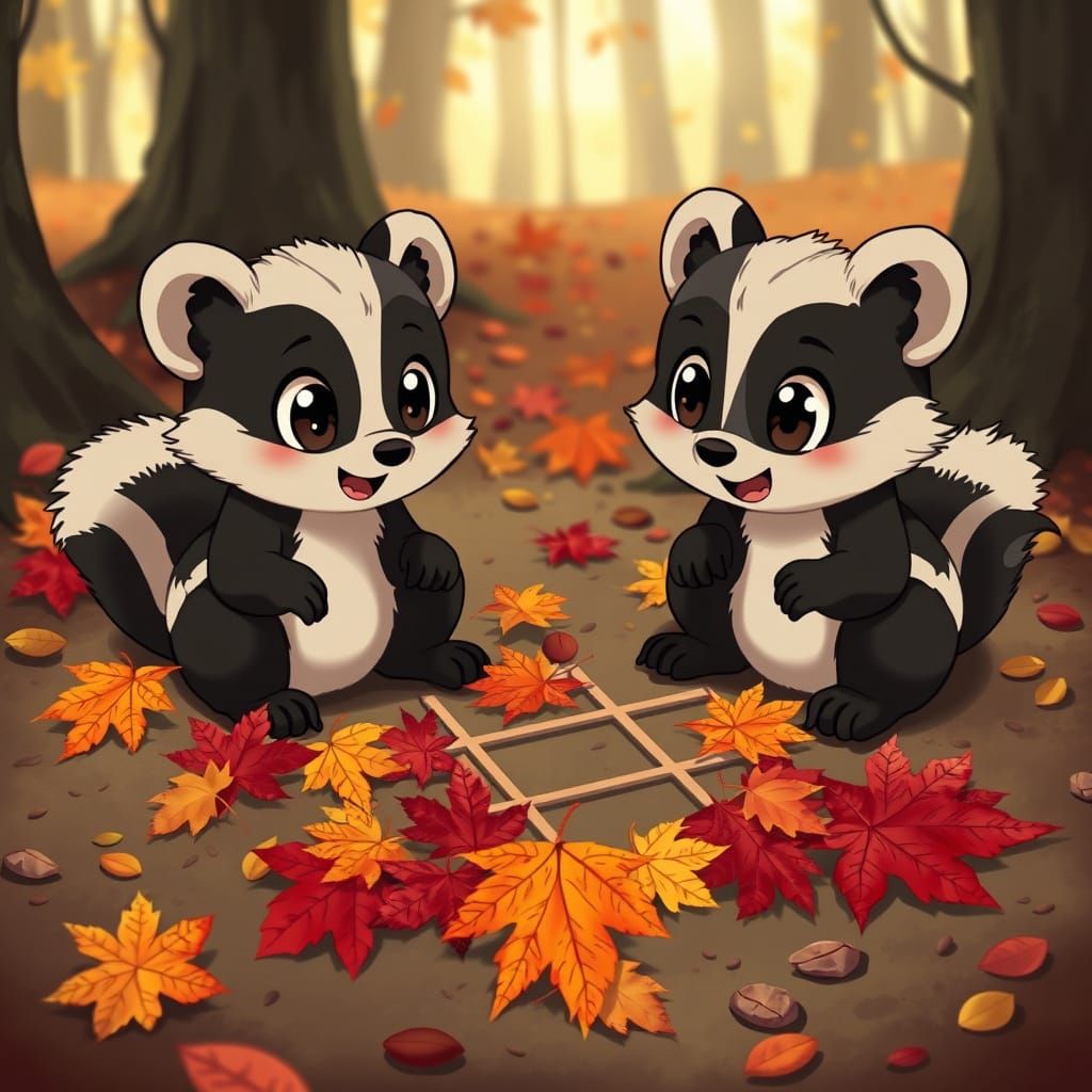 Anime Skunks Play Tic-Tac-Toe With Autumn Leaves