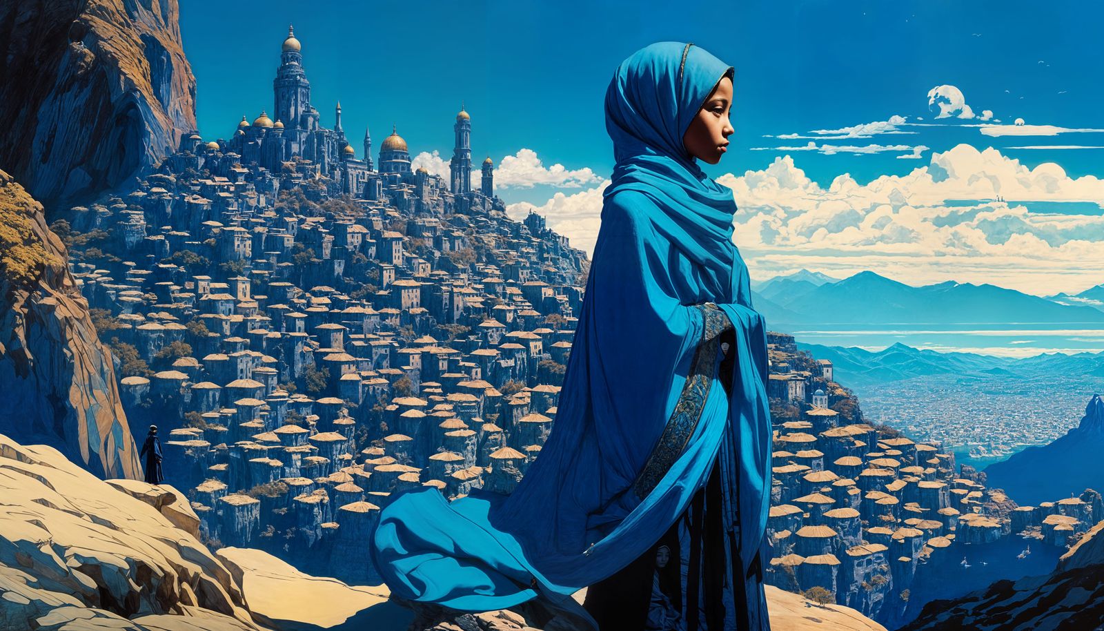 Girl in Blue Hijab in Surreal Landscape