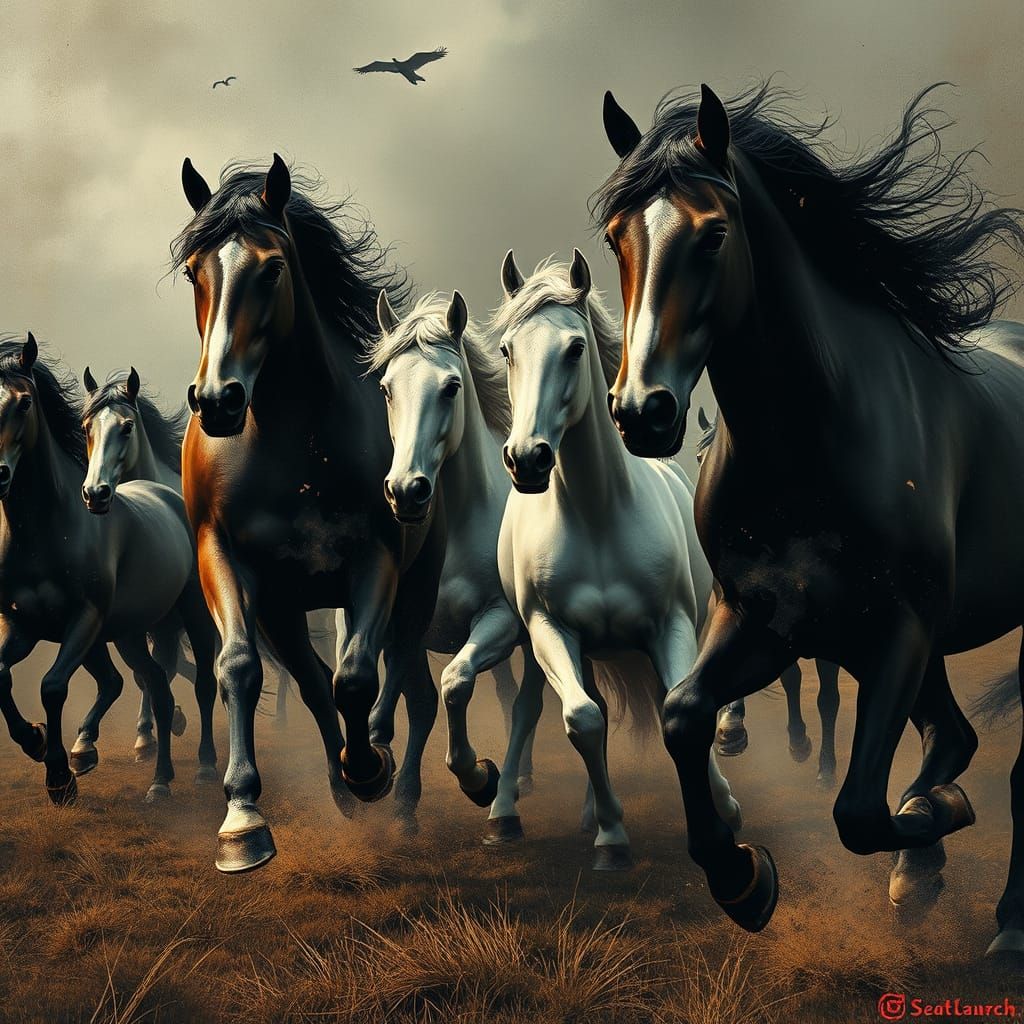 Surreal Horses in Dark Grunge Landscape