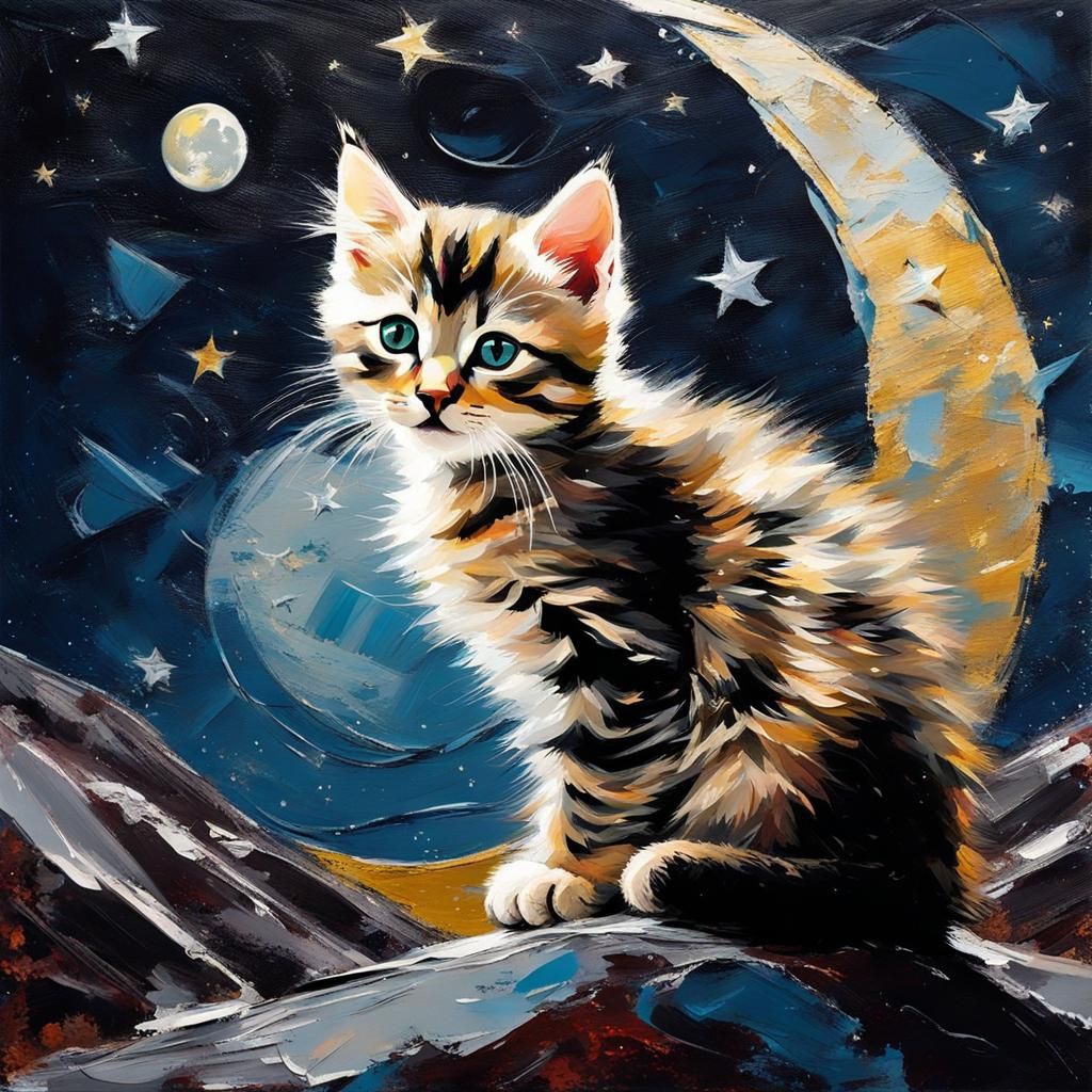 Kitten on the Moon in Bohemian Palette Knife Style