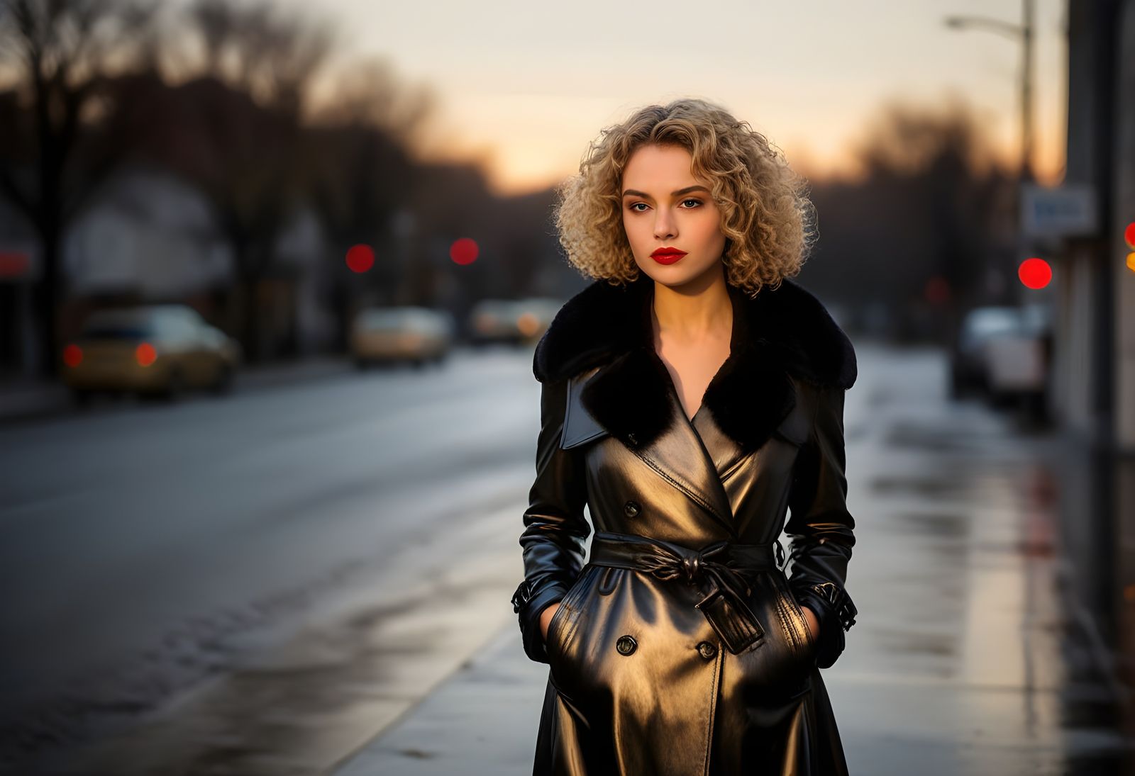 Russian Woman Walks Beside City Street in Warm Leather Coat....