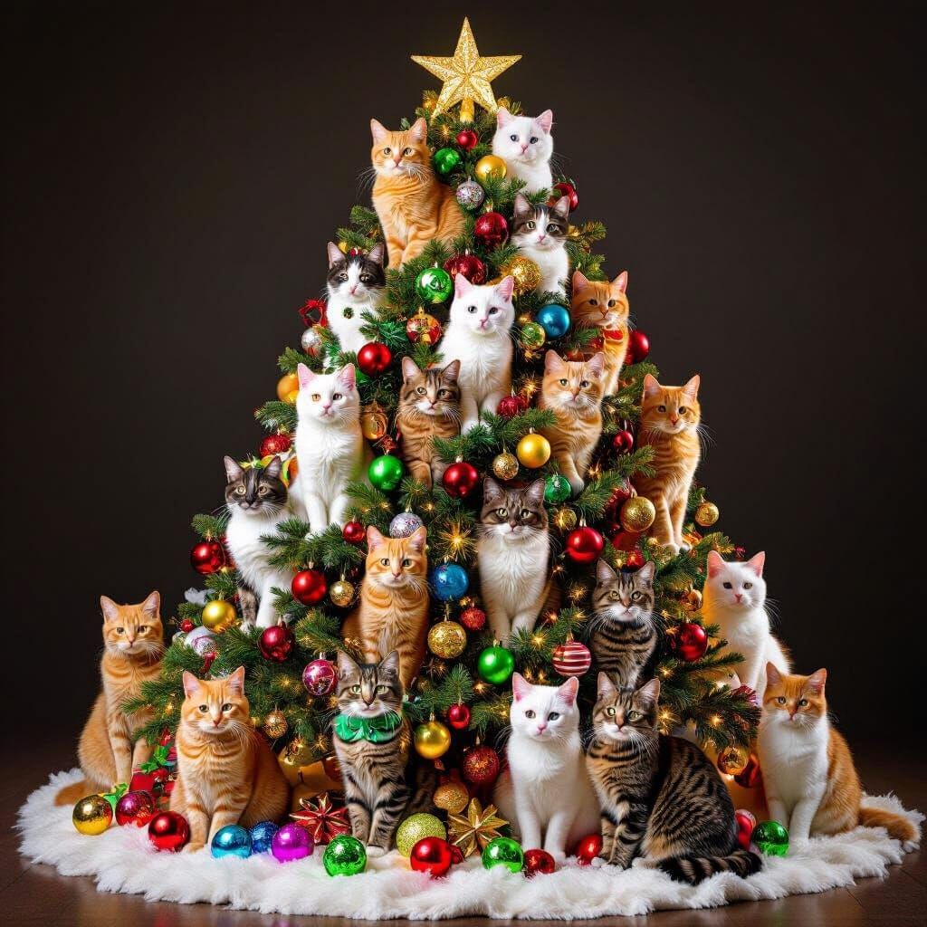Christmas Tree Adorned with Tabby Cats and Ornaments