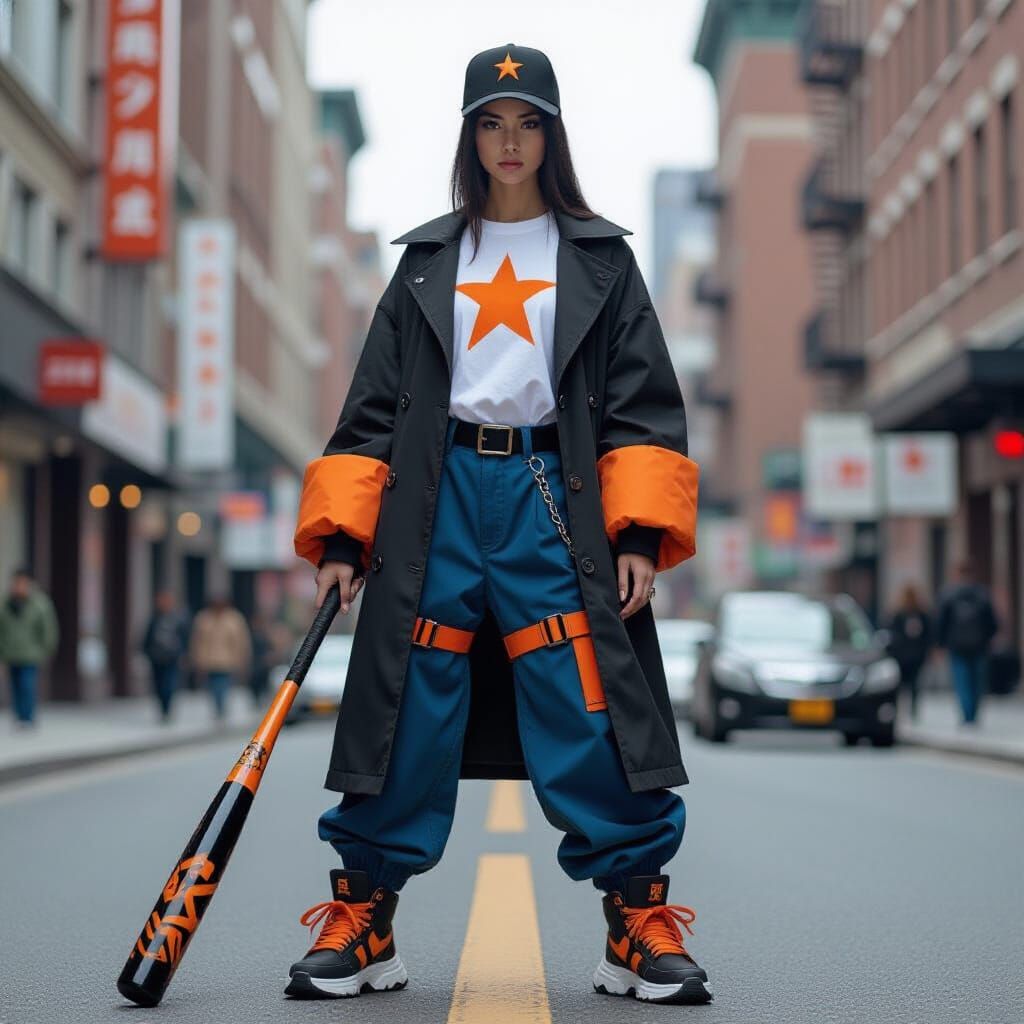 Young Woman in Trench Coat with Baseball Bat