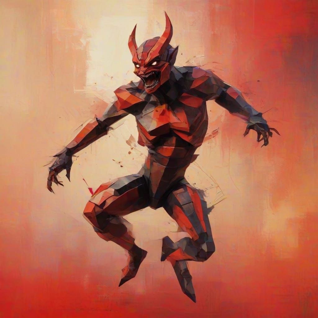Vibrant Cubist Masterpiece of a Red Devil in Dynamic Silhoue...