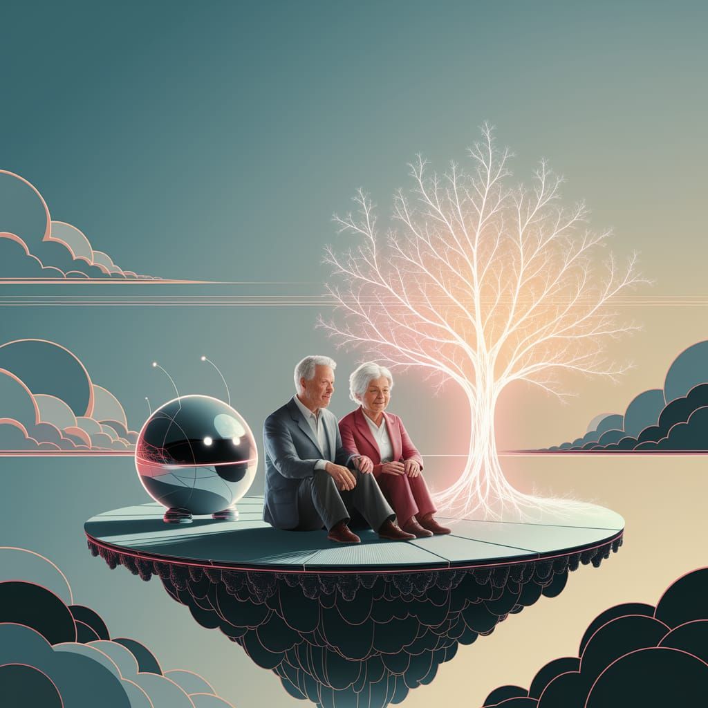 Elderly Couple in Abstract Neon Fractal Landscape