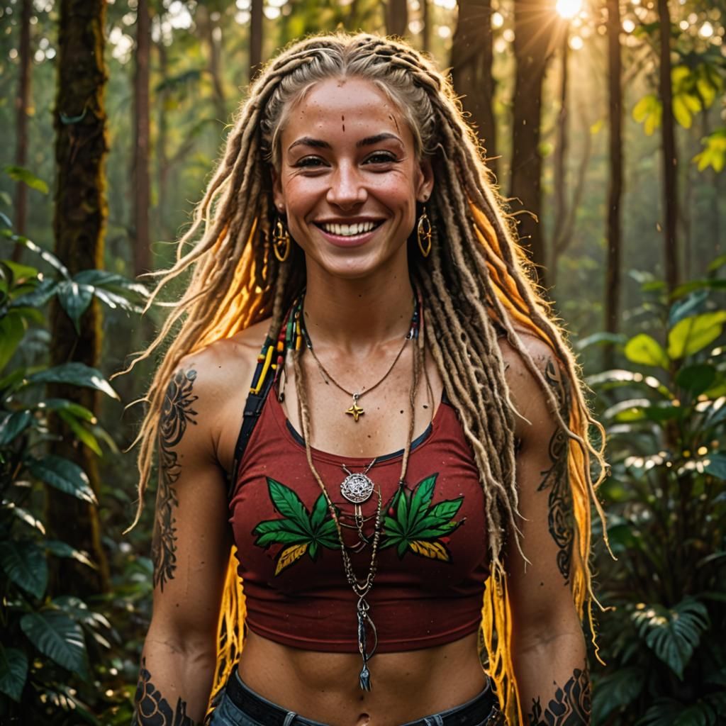long blond dreadlock Rasta hair, White-skinned European girl, girly pose, Fit and Muscular, feminine girl Smiling,  Powe...