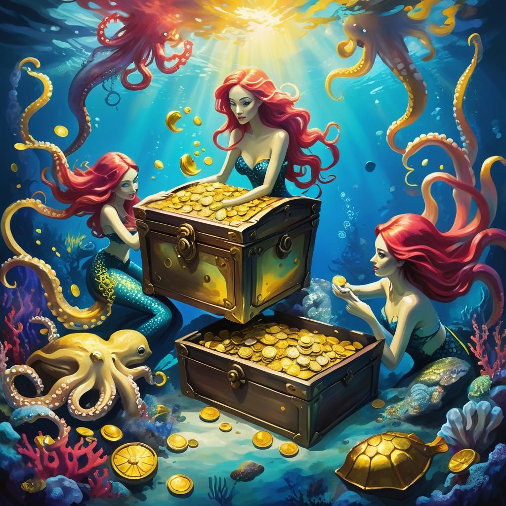 Mermaids Discover Treasure in Abstract Expressionist Reef