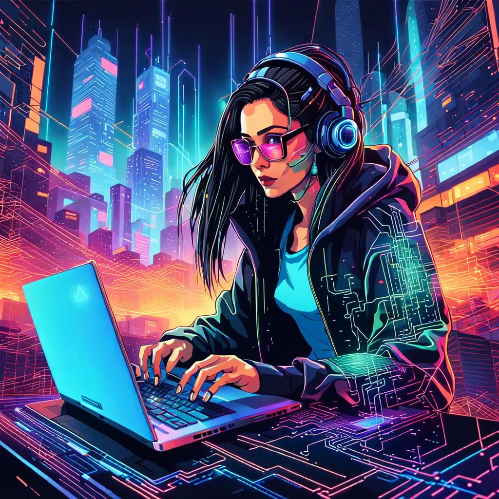 Cyberpunk Hacker Girl in Neon Cityscape Vector Art