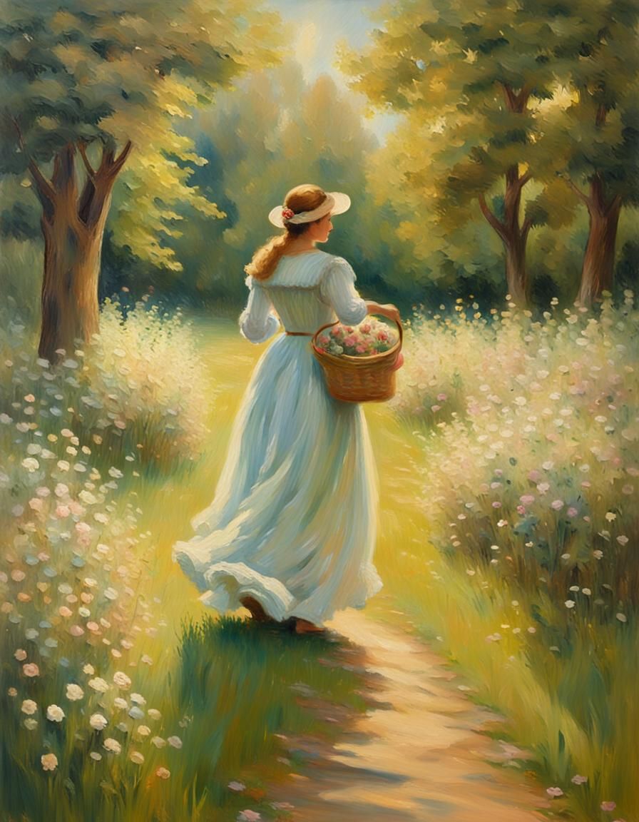 Victorian Woman in Meadow: Impressionist Oil Painting