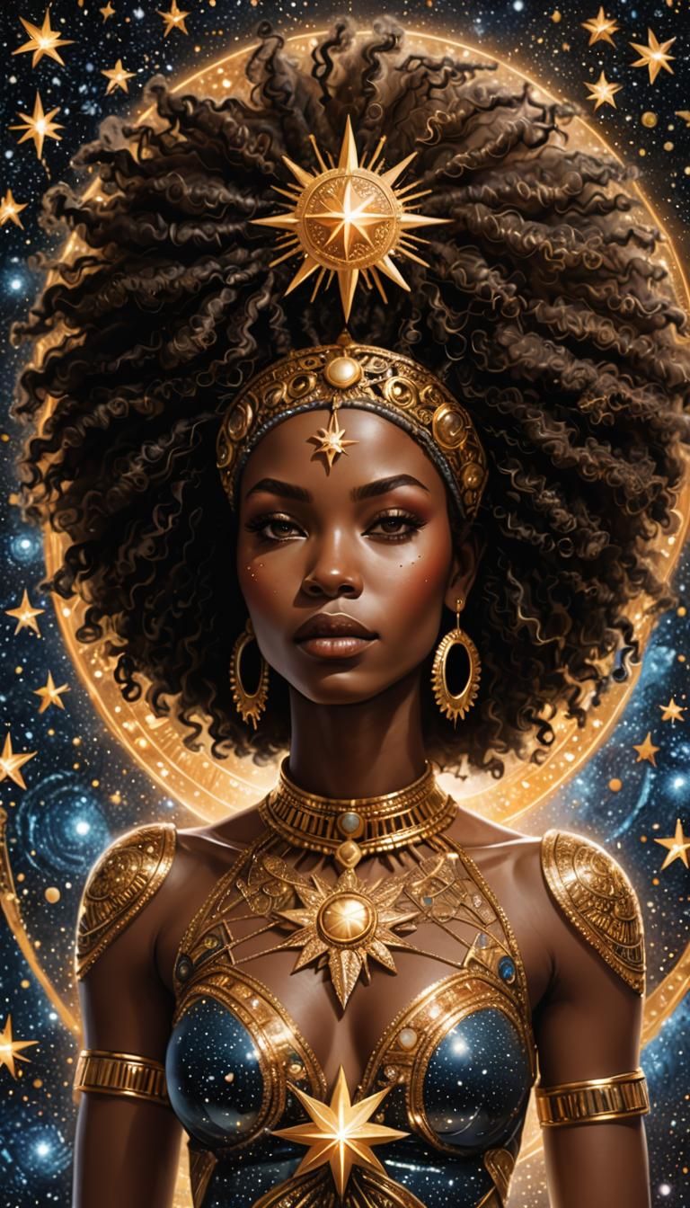 Celestial Afro Woman Portrait with Shiny Skin