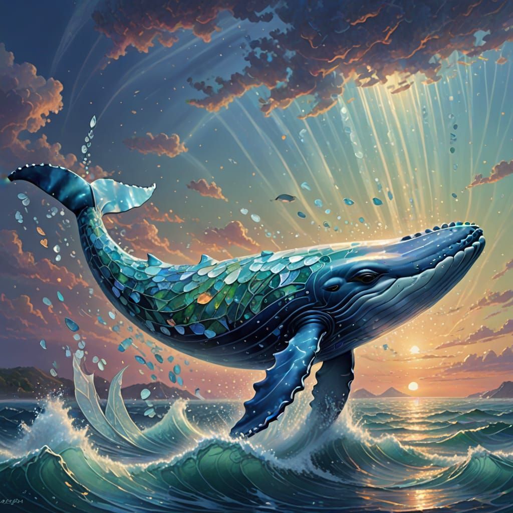Whale of Sea Glass Swims Ocean: Fantasy Digital Painting