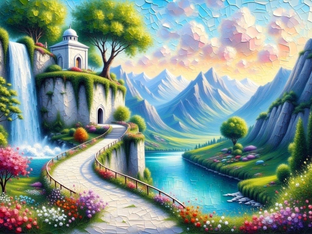 Dreamy Oil Painting of a Serene White Stone Path and Ancient...