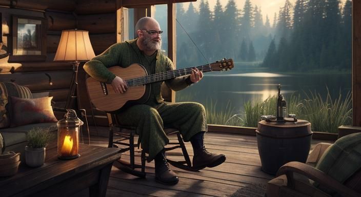 Toad Playing Banjo on Cabin Porch in 3D