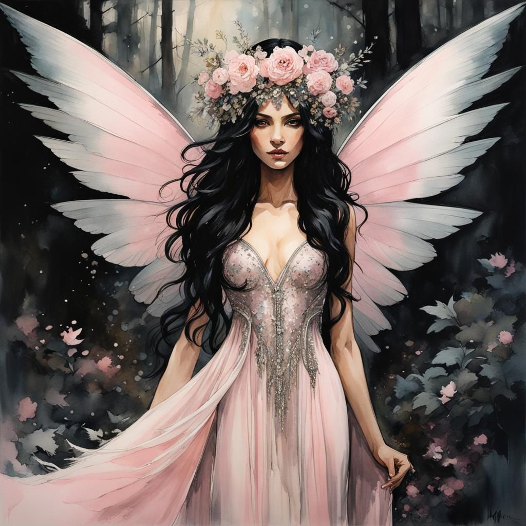 Dark Fairy in Enchanted Forest: Watercolor and Ink