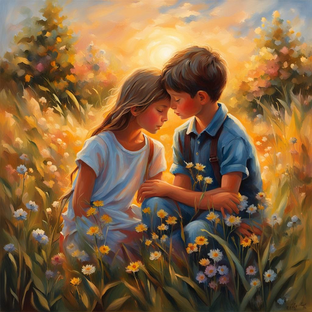First Kiss in a Summer Meadow: Oil Painting