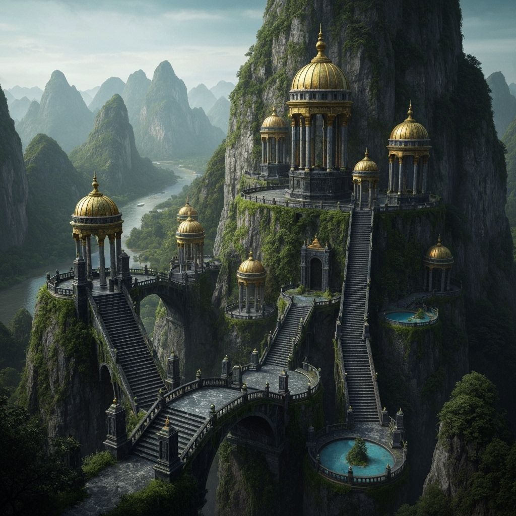Abandoned Black Marble Temple City on Mountain