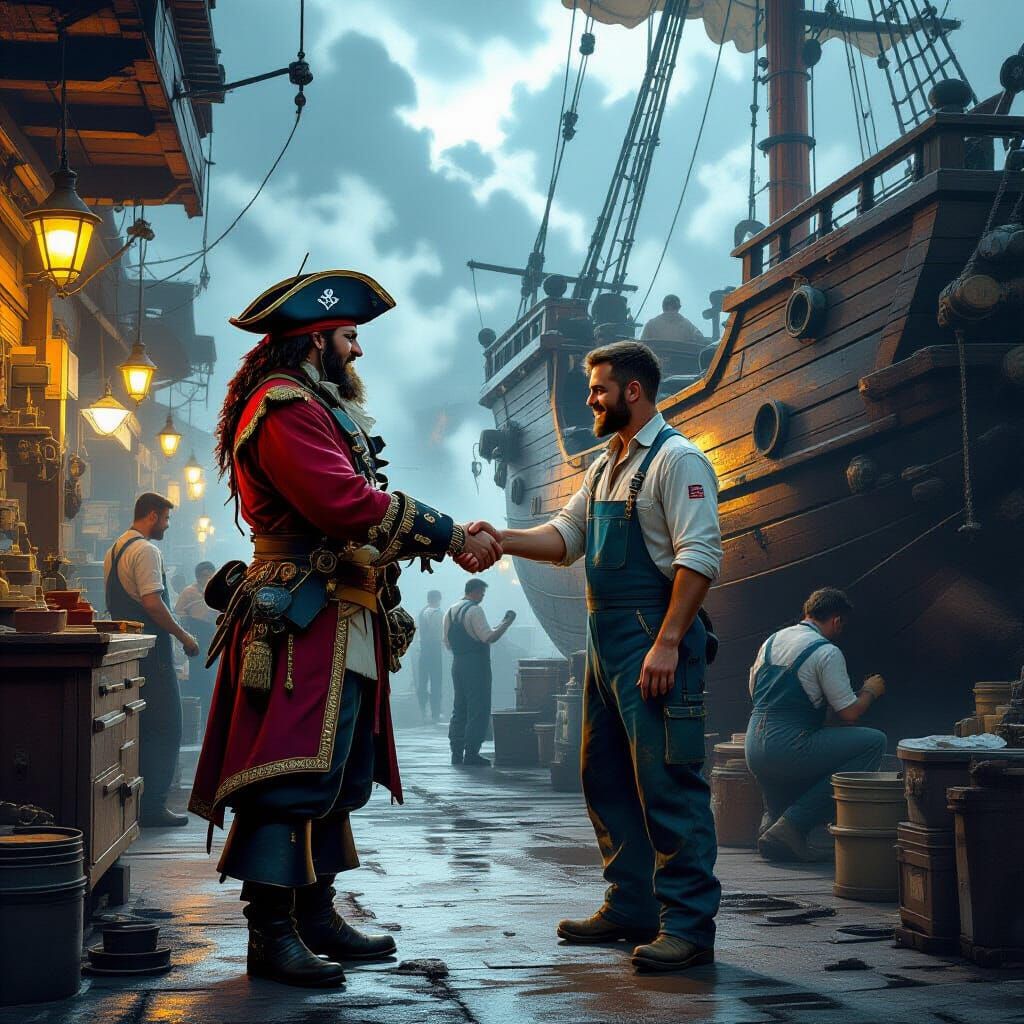 Pirate Captain at Futuristic Ship Repair Garage