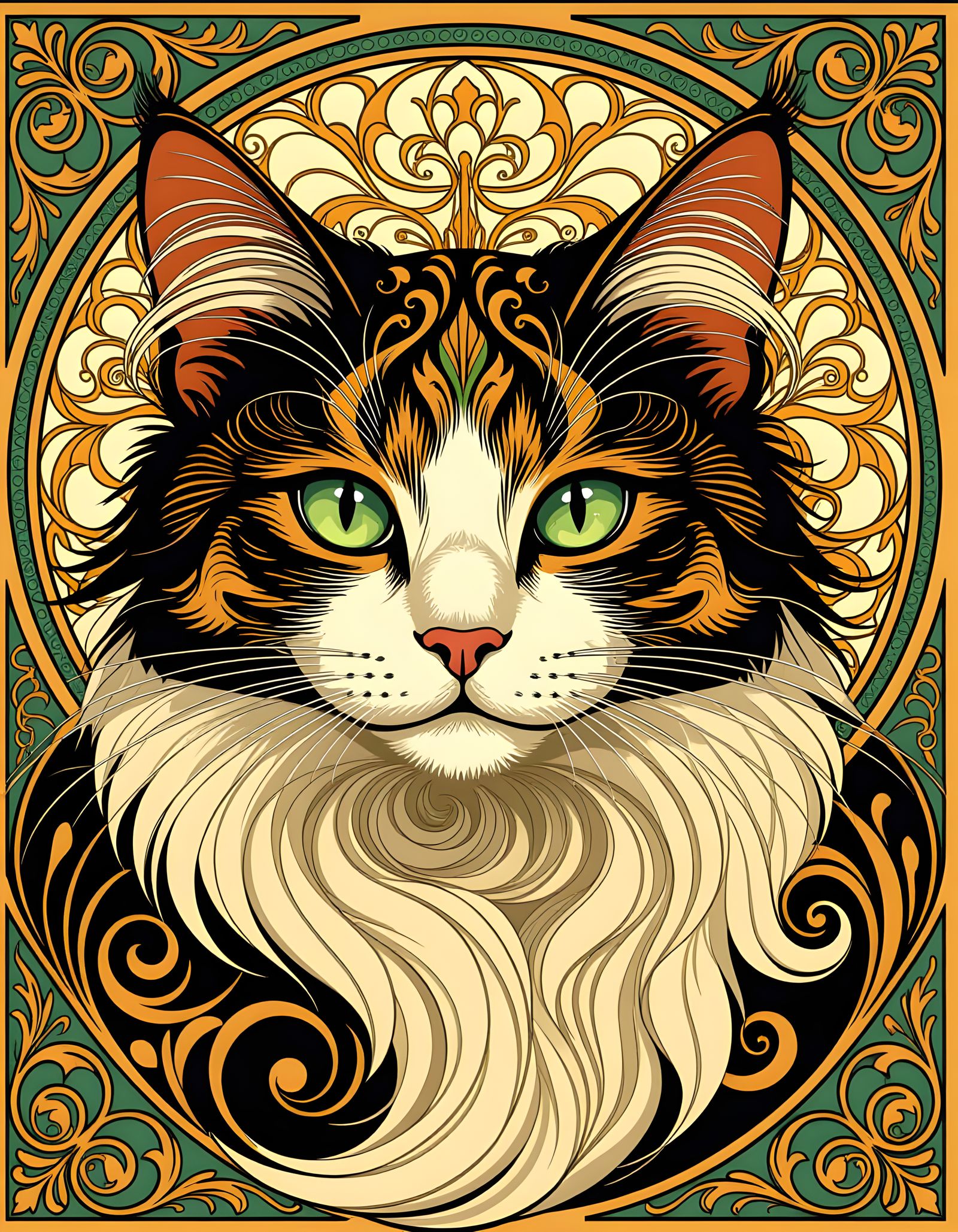 Art Nouveau Cat with Floral and Geometric Design