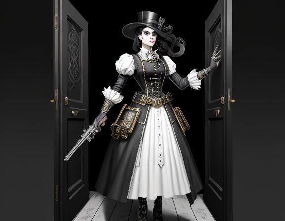 Steampunk Woman in Doorway, Lichtenstein Style Line Art