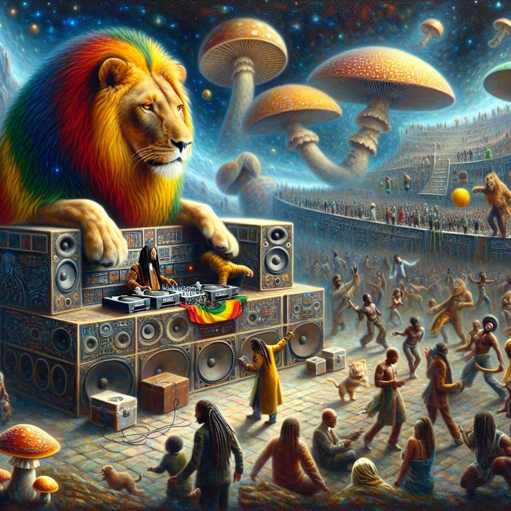 Rastafarian Lion DJ in Space, Oil Painting
