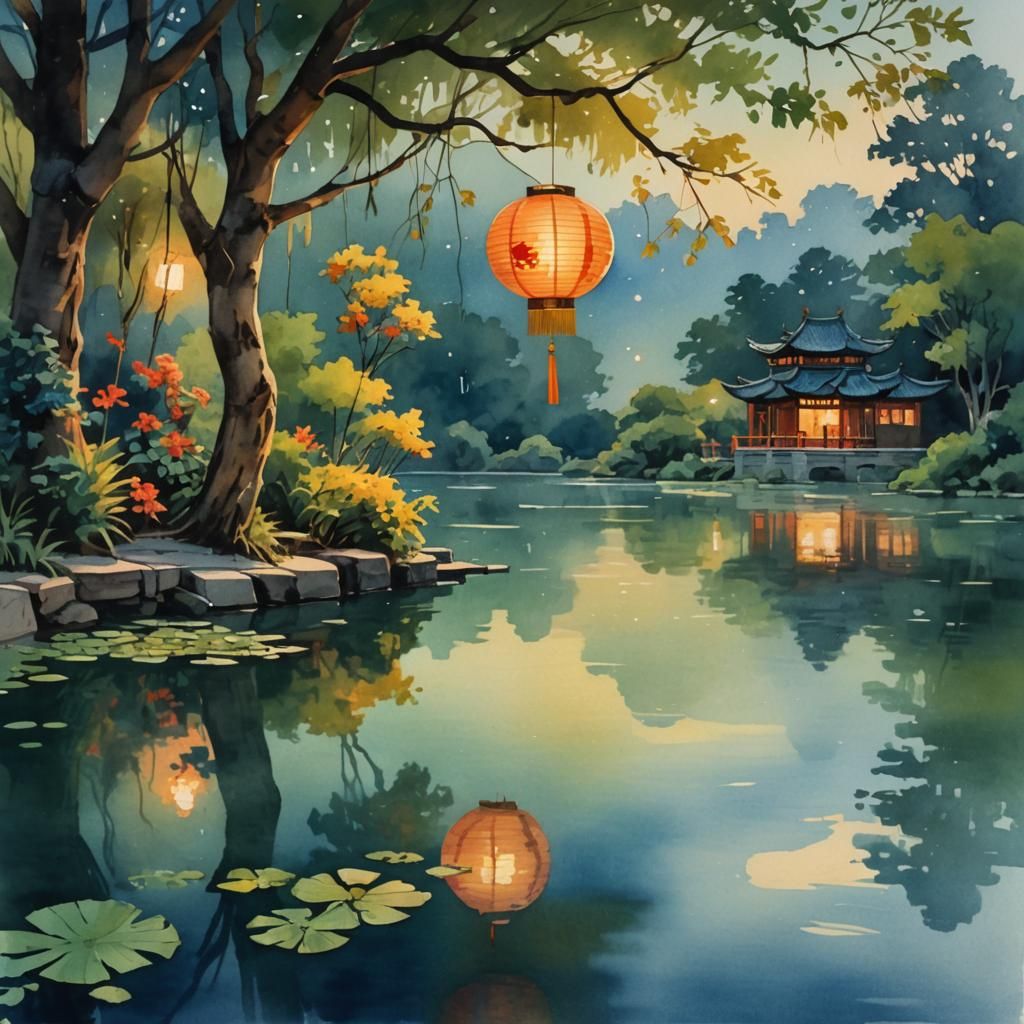 Glowing Lantern Over Lake: Gouache Impressionist Painting