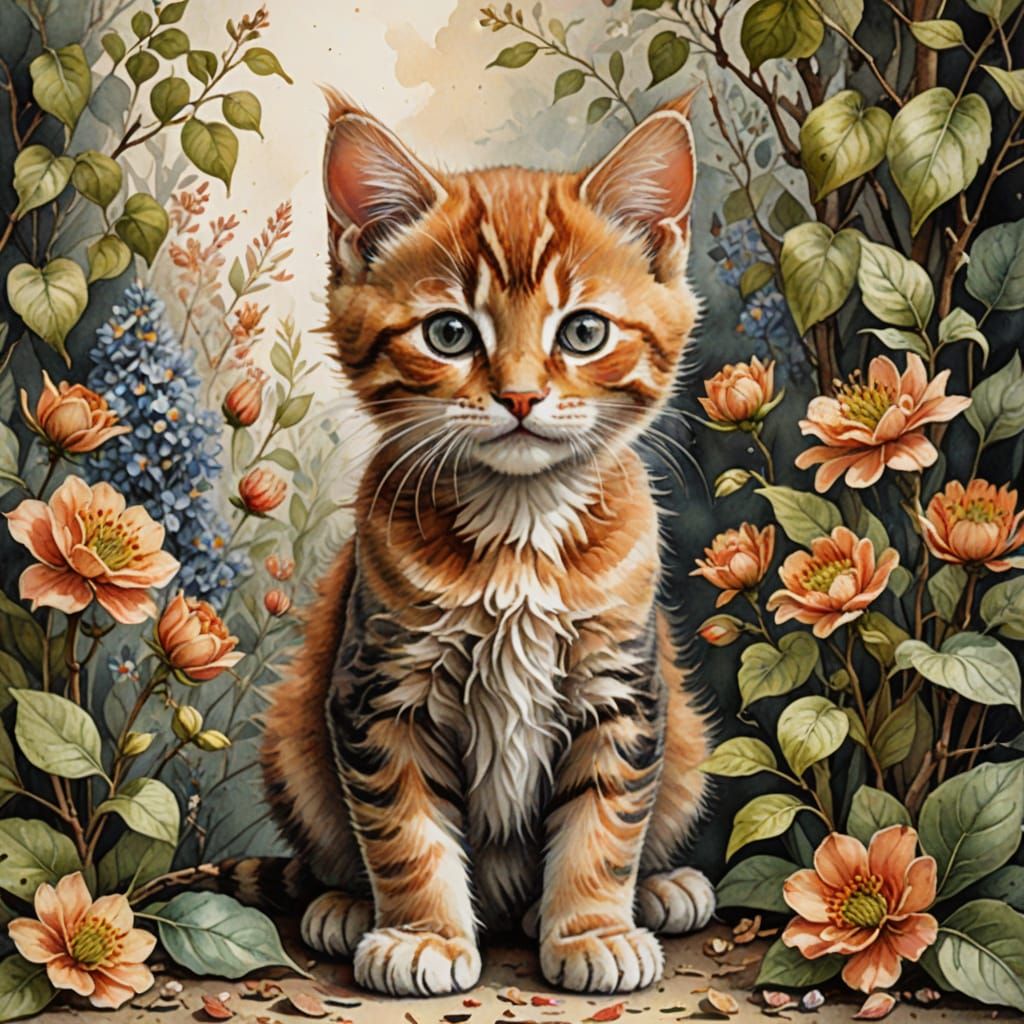 watercolor vintage style cute dark ginger kitten with muted ...
