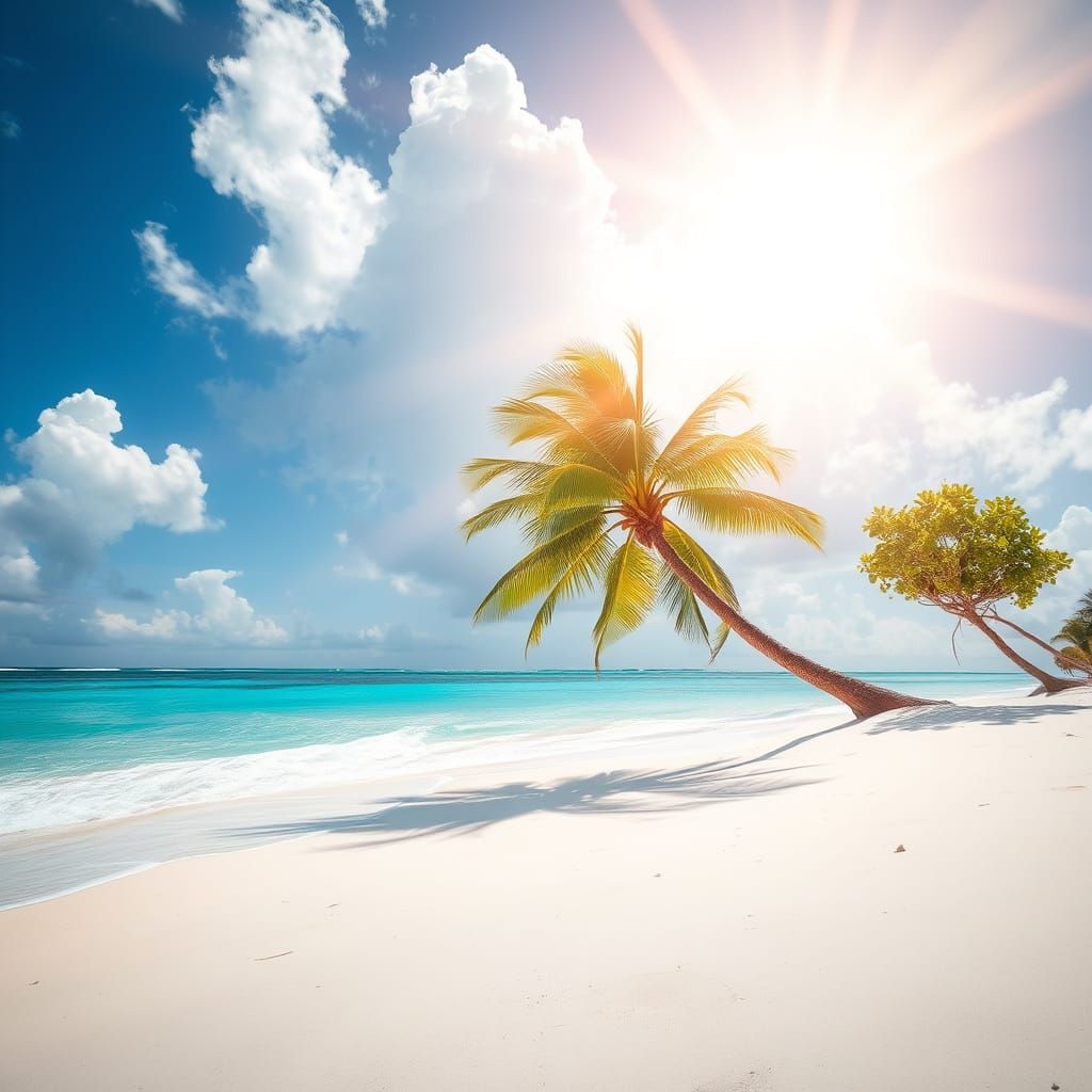 Tropical Paradise with Palm Tree and Tranquil Waters