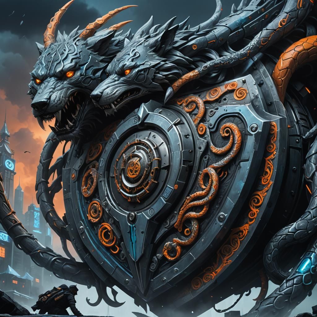 Cyberpunk Shield Fragment with Wolves in Midnight Sky