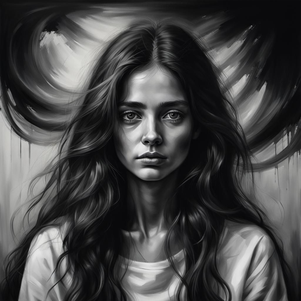 Monochrome Oil Portrait of a Wavy-Haired Lady