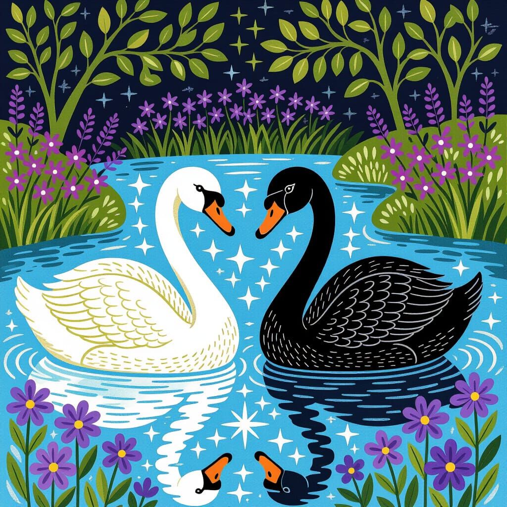 Whimsical Swans in Sparkling River, Beatrix Potter Style
