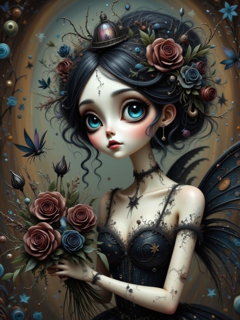 Gothic Fairy with Black Roses in Fantasy Art Style