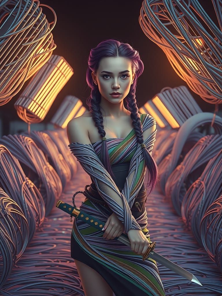 Braided Woman in Illusion City with Katana
