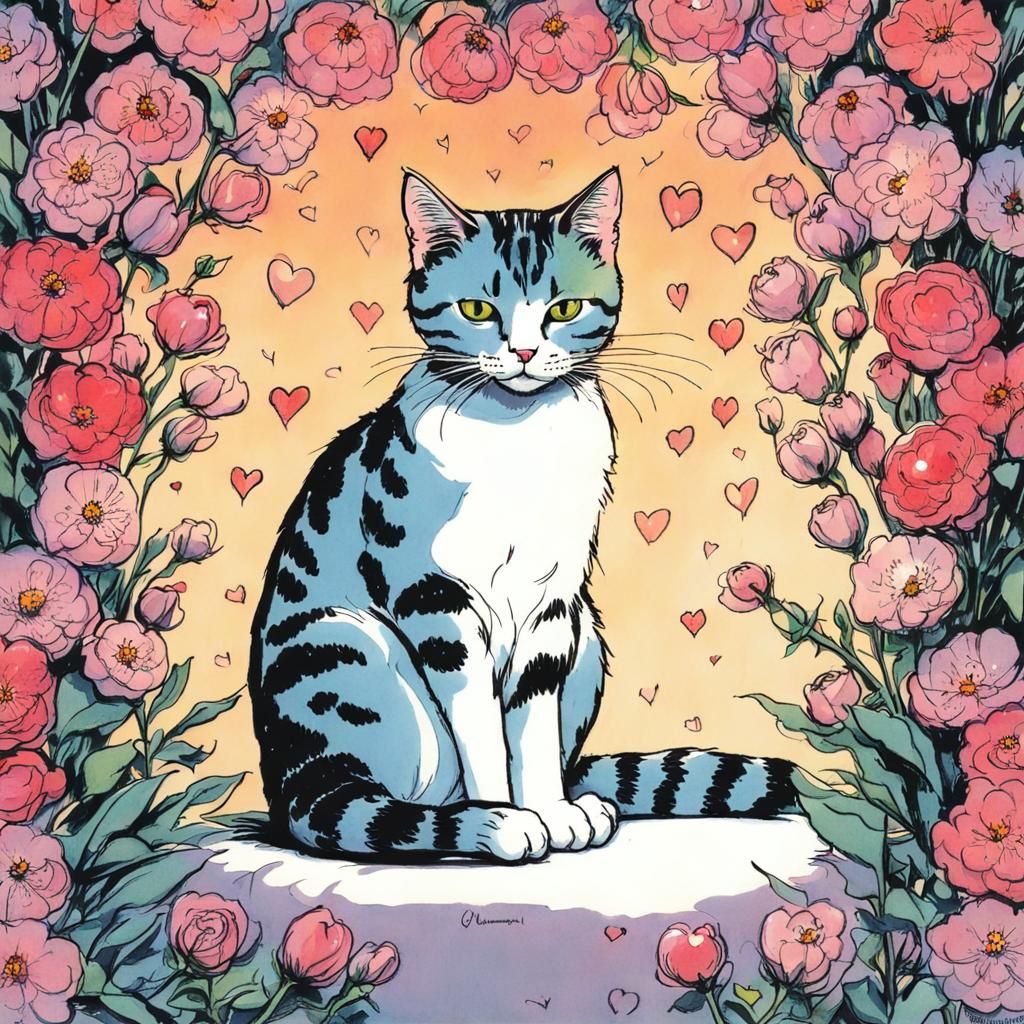 Cat on Pillow Surrounded by Flowers and Lights