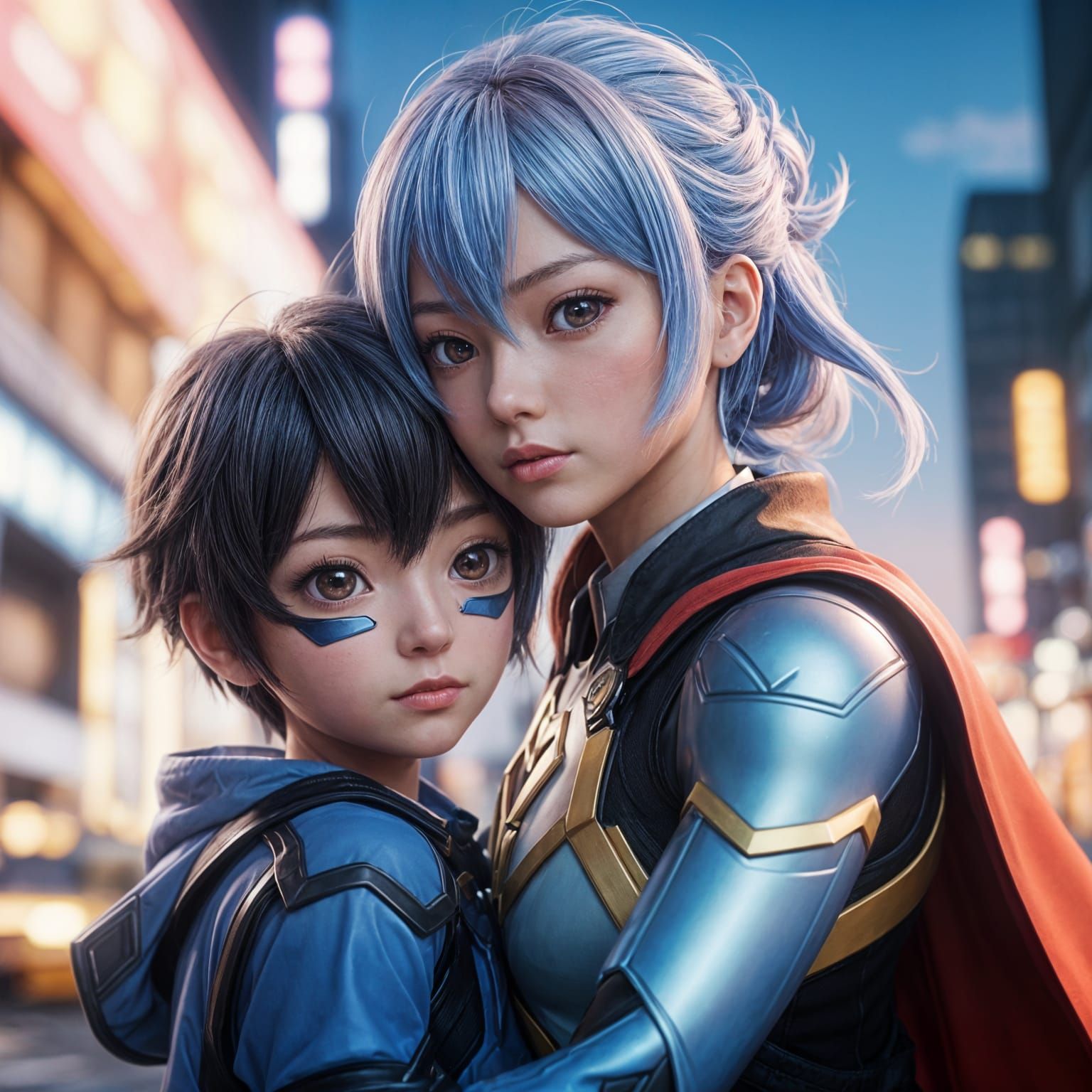 Anime Heroine Saves Little Boy in a Vibrant 3D Masterpiece